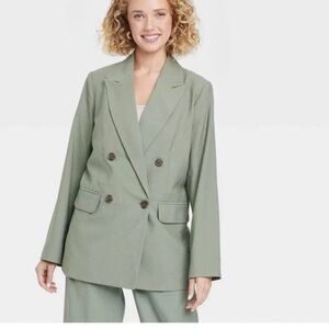 A New Day Women's Double Breasted Blazer Jacket Back Slit Mid Length Green S New